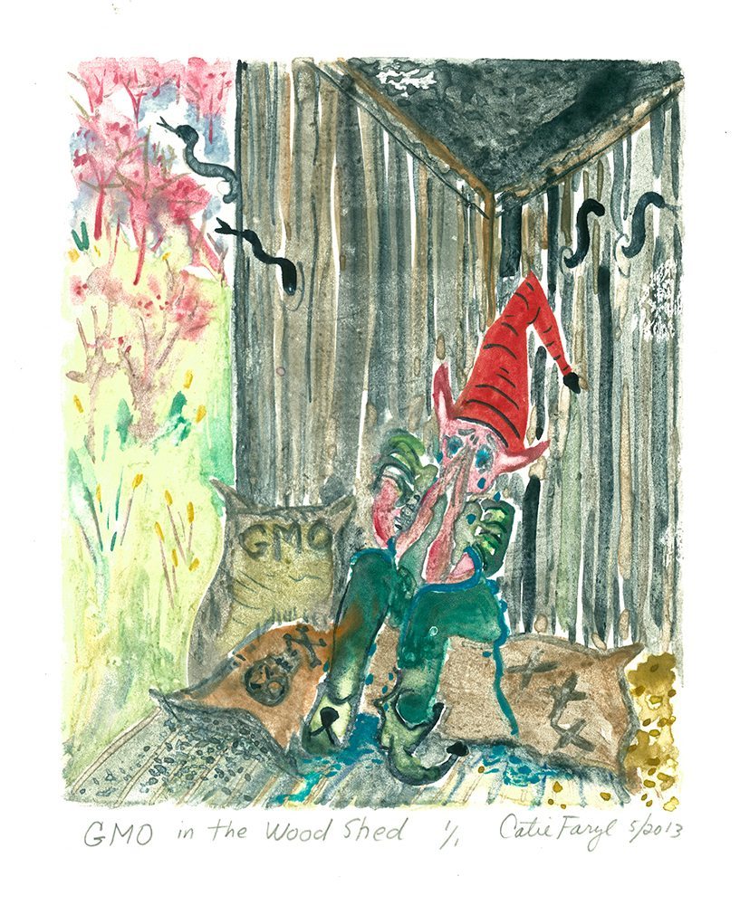 GMO in the Woodshed, Monotype Print from the "Don't Shop with G-Nome" series by artist Catie Faryl, 2013.