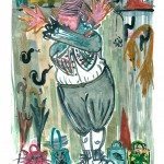 Little Lord Monsanto in the Cloak Room of Shame, Monotype Print from the "Don't Shop with G-Nome" series by artist Catie Faryl, 2013.