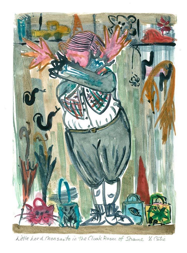 Little Lord Monsanto in the Cloak Room of Shame, Monotype Print from the "Don't Shop with G-Nome" series by artist Catie Faryl, 2013.