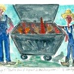 Yup! That's Dow and duPont in the Dumpster!, Monotype Print from the "Don't Shop with G-Nome" series by artist Catie Faryl, 2013.