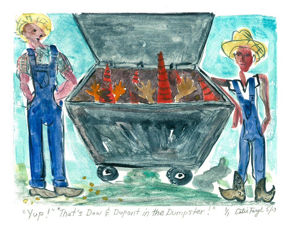 Yup! That's Dow and duPont in the Dumpster!, Monotype Print from the "Don't Shop with G-Nome" series by artist Catie Faryl, 2013.